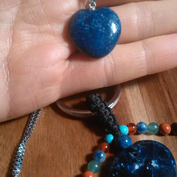 Lapis Lazuli Stainless Steel Heart Pendant Necklace and Sodalite Heart Keychain - Picture 7 of 10